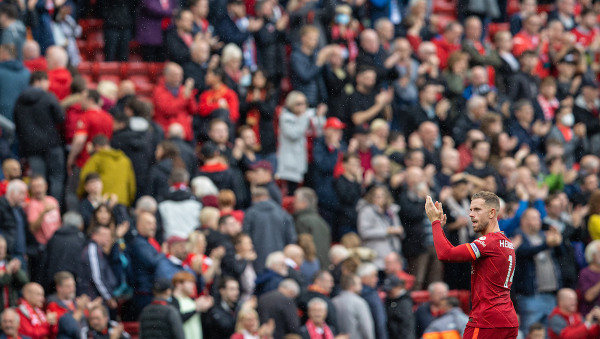 Liverpool's captain Jordan Henderson applauds the supporters after the FA Premier League match between Liverpool FC and Burnley FC at Anfield