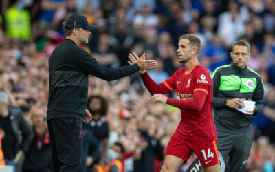 Liverpool's captain Jordan Henderson shakes hands with manager Jürgen Klopp as he is substituted during the FA Premier League match between Liverpool FC and Chelsea FC at Anfield