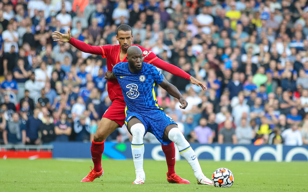 Liverpool's Joel Matip (L) and Chelsea's Romelu Lukaku during the FA Premier League match between Liverpool FC and Chelsea FC at Anfield