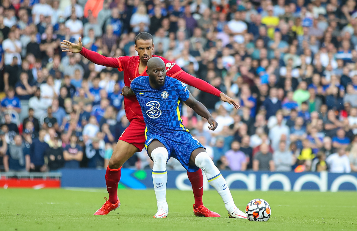 Liverpool's Joel Matip (L) and Chelsea's Romelu Lukaku during the FA Premier League match between Liverpool FC and Chelsea FC at Anfield