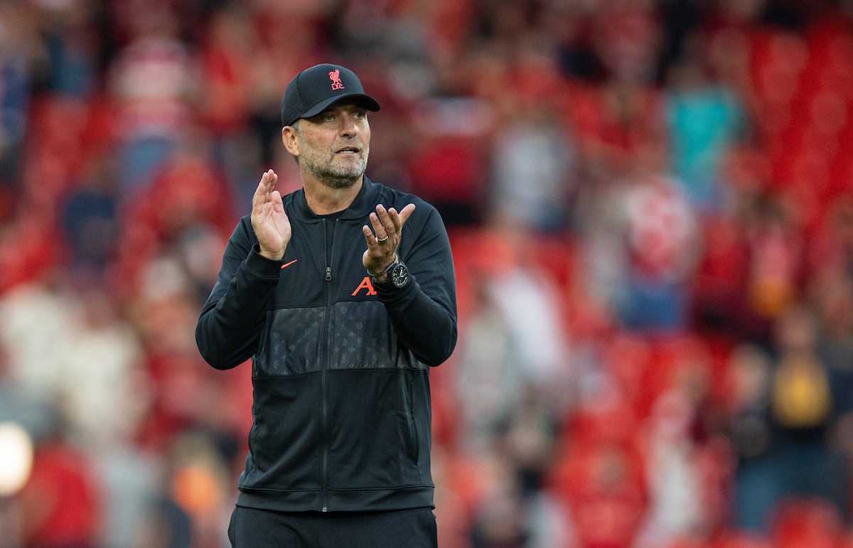 Liverpool's manager Jürgen Klopp applauds the supporters after the FA Premier League match between Liverpool FC and Chelsea FC at Anfield