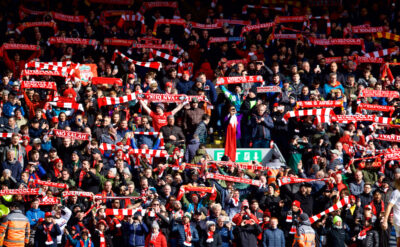 Liverpool supporters singing "You will never walk alone" before the FA Premier League match between Liverpool FC and Burnley FC at Anfield