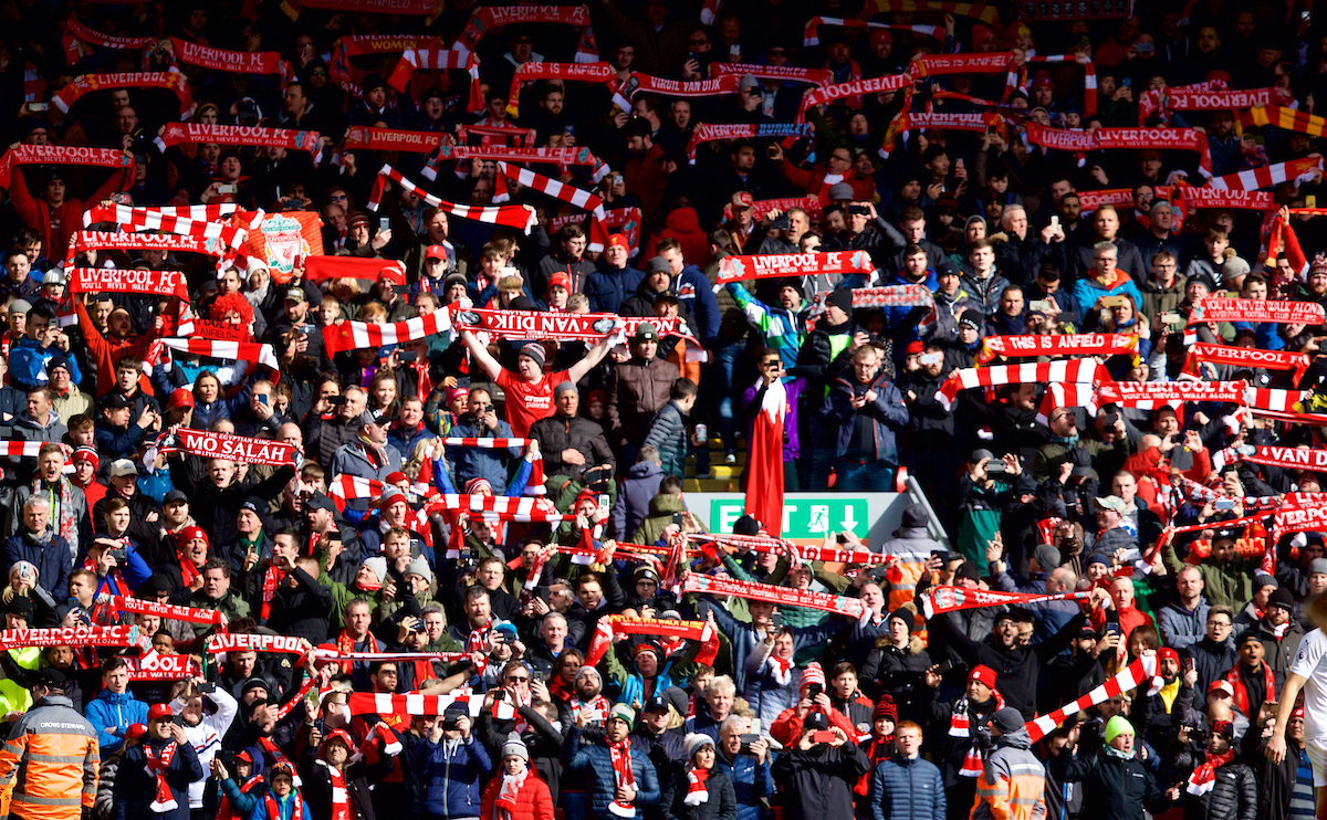 Liverpool supporters singing "You will never walk alone" before the FA Premier League match between Liverpool FC and Burnley FC at Anfield
