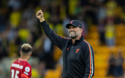 Liverpool's manager Jürgen Klopp waves to supporters after the FA Premier League match between Norwich City FC and Liverpool FC at Carrow Road