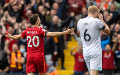 Liverpool's Diogo Jota celebrates after scoring the first goal during the FA Premier League match between Liverpool FC and Burnley FC at Anfield