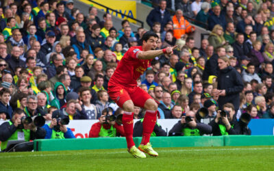 Liverpool's Luis Suarez celebrates scoring the second goal against Norwich City during the Premiership match at Carrow Road