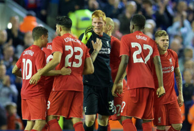 Liverpool's goalkeeper Adam Bogdan celebrates after his saves in the penalty shoot-out sealed a 3-2 victory after a 1-1 draw against Carlisle United during the Football League Cup 3rd Round match at Anfield