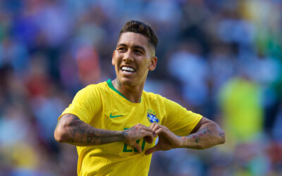 Brazil and Liverpool striker Roberto Firmino celebrates scoring the second goal during an international friendly between Brazil and Croatia at Anfield