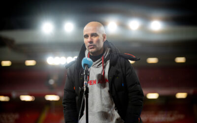 Manchester City's manager Josep 'Pep' Guardiola is interviewed by BBC Radio 5 Live after the FA Premier League match between Liverpool FC and Manchester City FC at Anfield