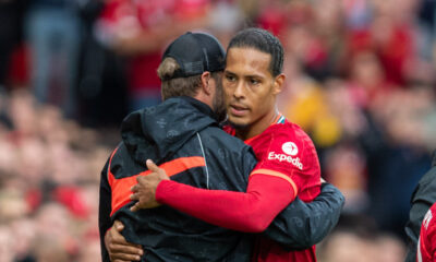 Liverpool's Virgil van Dijk embraces manager Jürgen Klopp as he is substituted during a pre-season friendly match between Liverpool FC and Athletic Club de Bilbao at Anfield