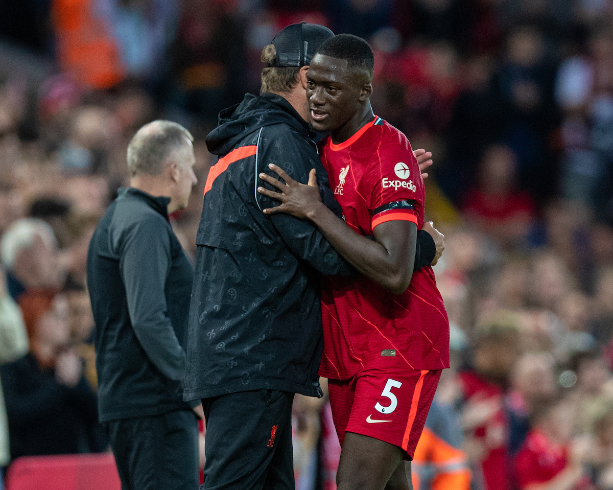 Liverpool's manager Jürgen Klopp embraces Ibrahima Konaté during a pre-season friendly match between Liverpool FC and Club Atlético Osasuna at Anfield