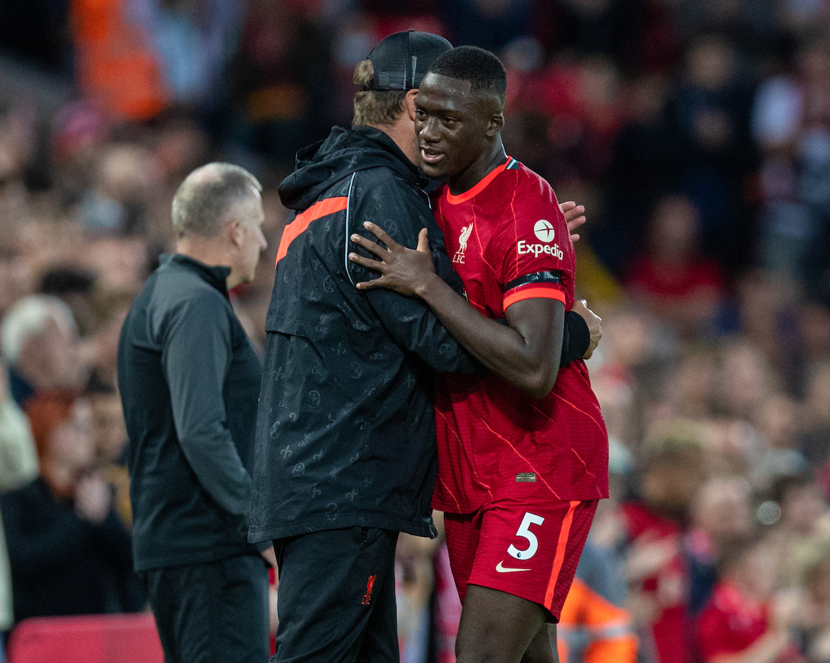 Liverpool's manager Jürgen Klopp embraces Ibrahima Konaté during a pre-season friendly match between Liverpool FC and Club Atlético Osasuna at Anfield