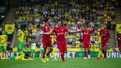 Liverpool's Mohamed Salah celebrates after scoring the third goal during the FA Premier League match between Norwich City FC and Liverpool FC at Carrow Road