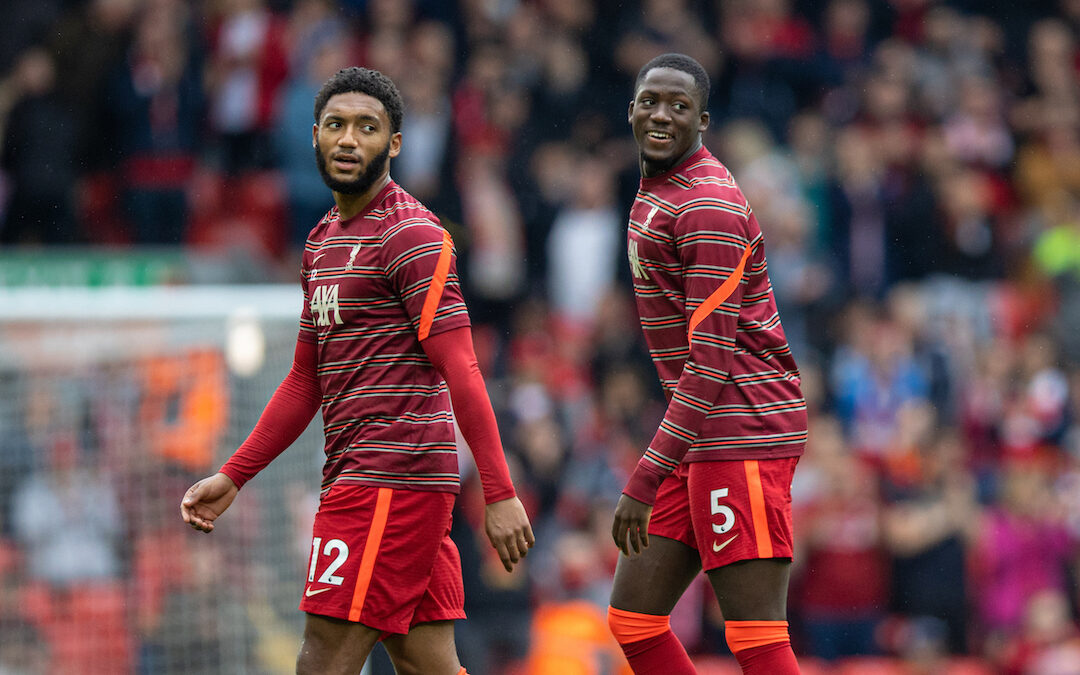 Liverpool's Joe Gomez and Ibrahima Konaté during the pre-match warm-up before the FA Premier League match between Liverpool FC and Burnley FC at Anfield