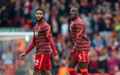 Liverpool's Joe Gomez and Ibrahima Konaté during the pre-match warm-up before the FA Premier League match between Liverpool FC and Burnley FC at Anfield