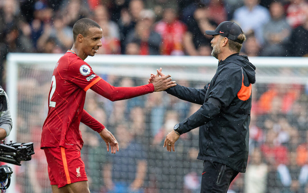 Liverpool's manager Jürgen Klopp (R) and Joel Matip after the FA Premier League match between Liverpool FC and Burnley FC at Anfield