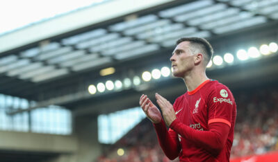 Liverpool's Andy Robertson applauds the supporters as he walks off after being substituted during the FA Premier League match between Liverpool FC and Chelsea FC at Anfield