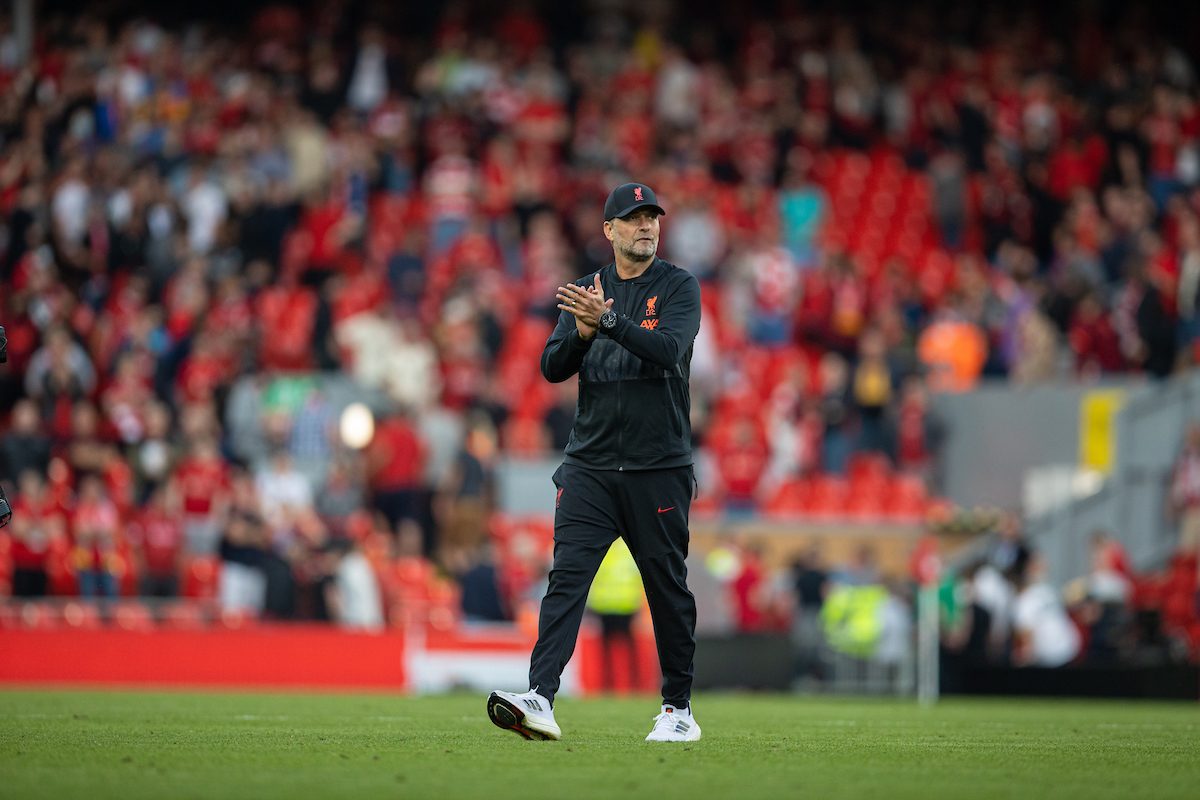 Liverpool's manager Jürgen Klopp applauds the supporters after the FA Premier League match between Liverpool FC and Chelsea FC at Anfield