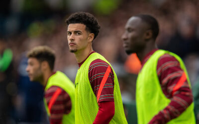 Liverpool's substitute Curtis Jones warms-up during the FA Premier League match between Leeds United FC and Liverpool FC at Elland Road