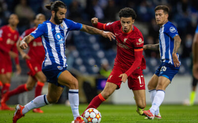 Liverpool's Curtis Jones (R) and FC Porto's Sérgio Oliveira during the UEFA Champions League Group B Matchday 2 game between FC Porto and Liverpool FC at the Estádio do Dragão. Liverpool won 5-1