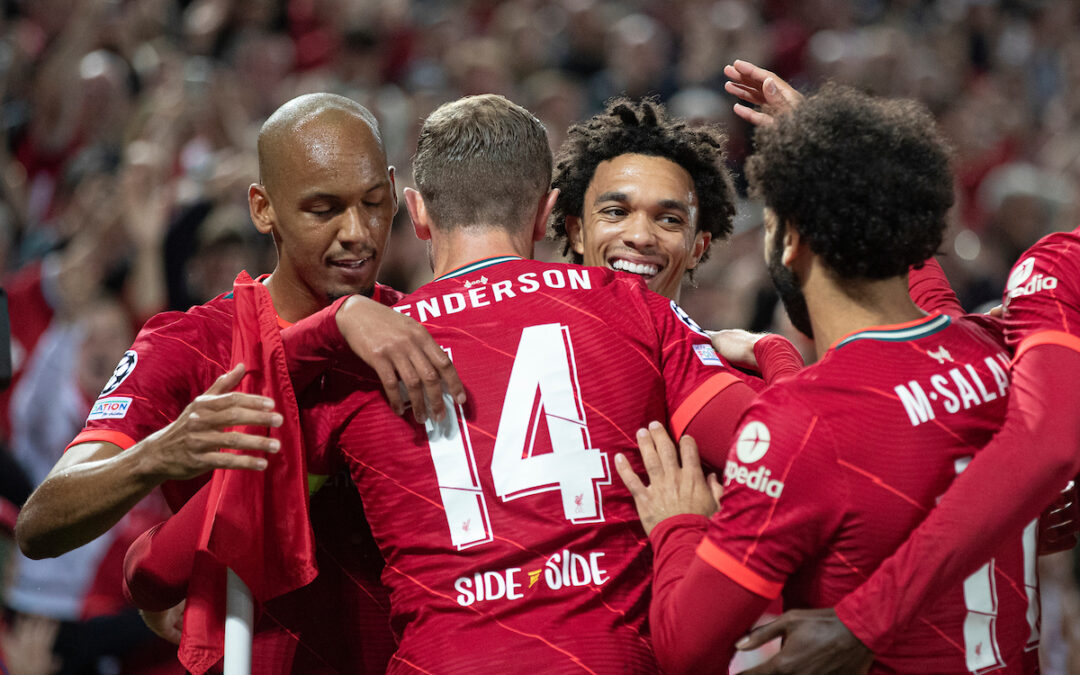 Liverpool's Trent Alexander-Arnold celebrates scoring the 1st goal during the UEFA Champions League Group B Matchday 1 game between Liverpool FC and AC Milan at Anfield