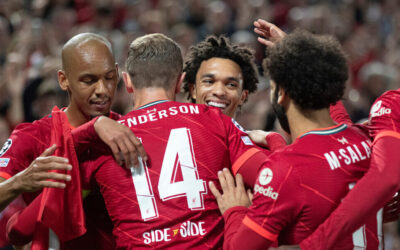 Liverpool's Trent Alexander-Arnold celebrates scoring the 1st goal during the UEFA Champions League Group B Matchday 1 game between Liverpool FC and AC Milan at Anfield