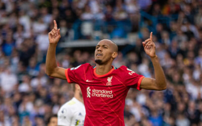 Liverpool's Fabio Henrique Tavares 'Fabinho' celebrates after scoring the second goal during the FA Premier League match between Leeds United FC and Liverpool FC at Elland Road