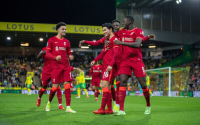 Liverpool's Takumi Minamino (C) celebrates with team-mates after scoring the first goal during the Football League Cup 3rd Round match between Norwich City FC and Liverpool FC at Carrow Road
