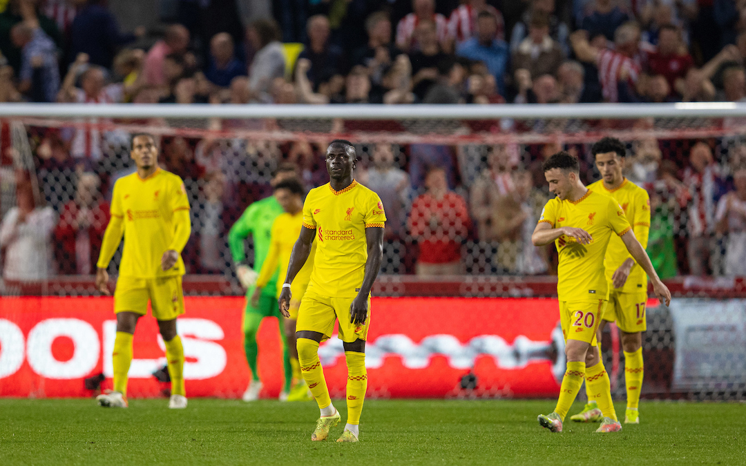 Liverpool's Sadio Mané and team-mates look dejected as Brentford score a second goal during the FA Premier League match between Brentford FC and Liverpool FC at the Brentford Community Stadium.