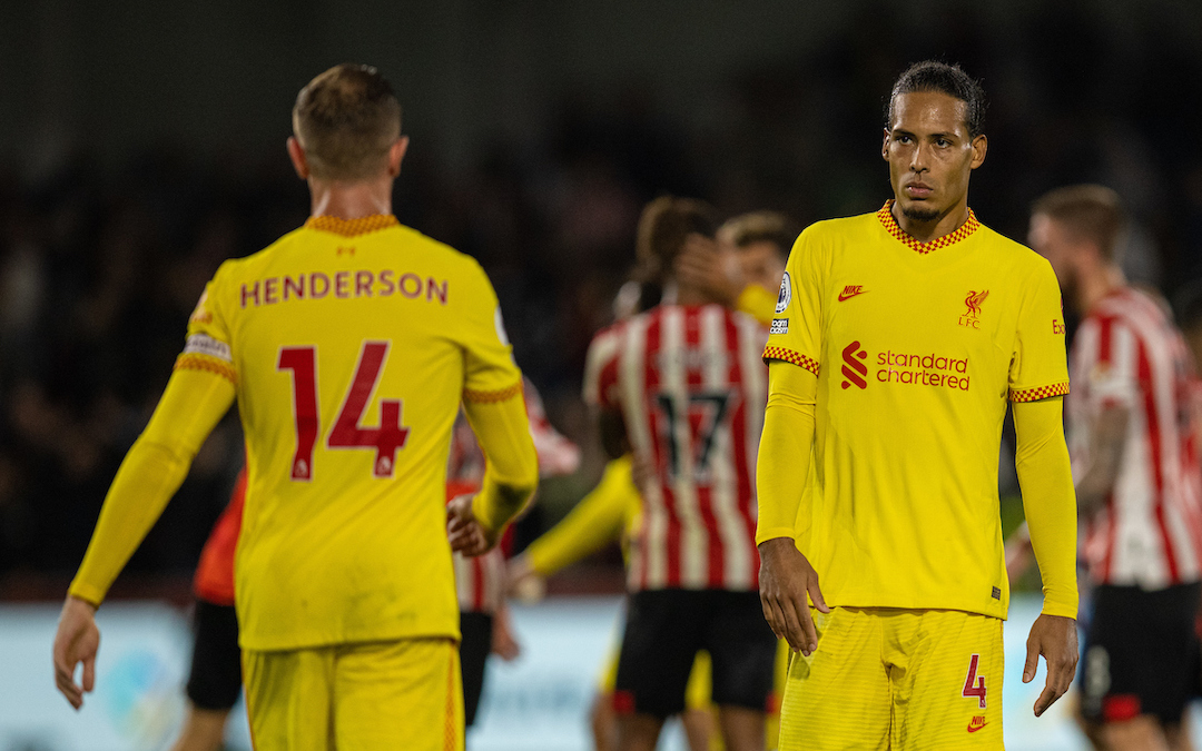 Liverpool's Virgil van Dijk looks dejected after the FA Premier League match between Brentford FC and Liverpool FC at the Brentford Community Stadium. The game ended in a 3-3 draw.