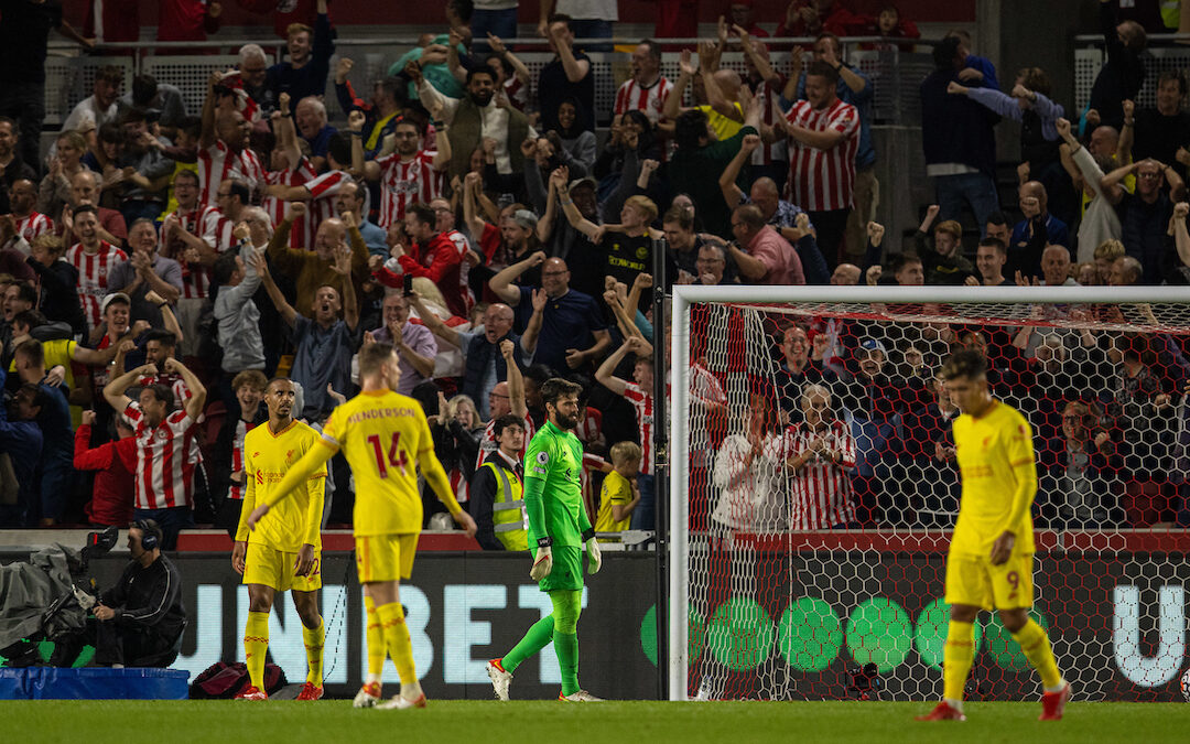 Liverpool's goalkeeper Alisson Becker looks dejected as Brentford score an equalising goal to level the score 3-3 during the FA Premier League match between Brentford FC and Liverpool FC at the Brentford Community Stadium