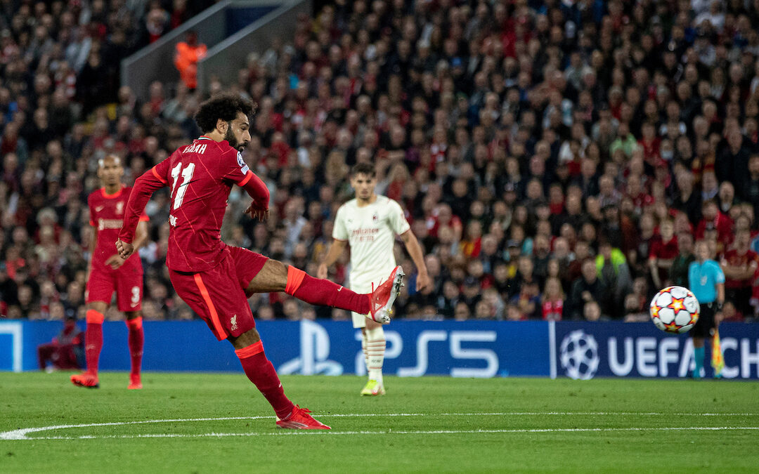 Liverpool's Mohamed Salah misses a chance to score during the UEFA Champions League Group B Matchday 1 game between Liverpool FC and AC Milan at Anfield