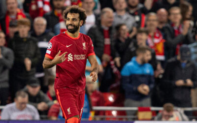 Liverpool's Mohamed Salah celebrates scoring to make it 2-2 during the UEFA Champions League Group B Matchday 1 game between Liverpool FC and AC Milan at Anfield
