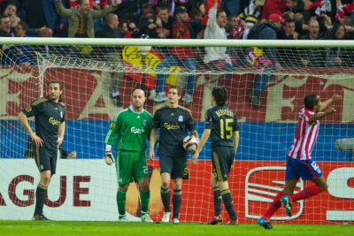 Liverpool's goalkeeper Pepe Reina and Daniel Agger look dejected as Club Atletico de Madrid score the opening goal during the UEFA Europa League Semi-Final 1st Leg match at the Vicente Calderon