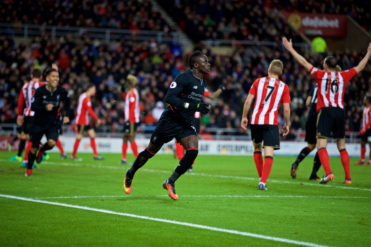 Liverpool's Sadio Mane celebrates scoring the second goal against Sunderland during the FA Premier League match at the Stadium of Light
