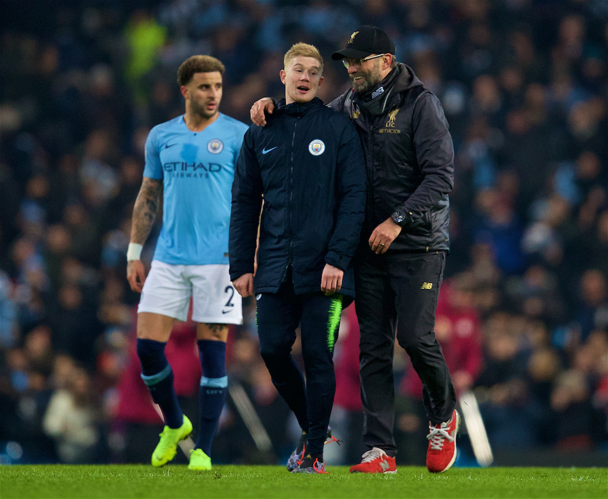 Liverpool's manager Jürgen Klopp embraces Manchester City's Kevin De Bruyne after the FA Premier League match between Manchester City FC and Liverpool FC at the Etihad Stadium