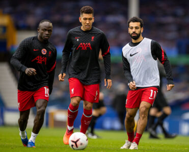 Liverpool’s Sadio Mané, Roberto Firmino and Mohamed Salah during the pre-match warm-up before the FA Premier League match between Everton FC and Liverpool FC, the 237th Merseyside Derby, at Goodison Park