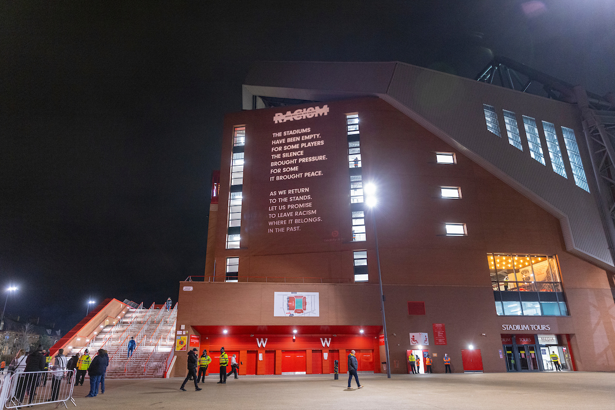 LIVERPOOL, ENGLAND - Sunday, December 6, 2020: A message against racism is projected onto the Main Stand as Liverpool prepares to welcome 2,000 spectators back into the stadium, pictured before the FA Premier League match between Liverpool FC and Wolverhampton Wanderers FC at Anfield. Liverpool won 4-0. (Pic by David Rawcliffe/Propaganda)