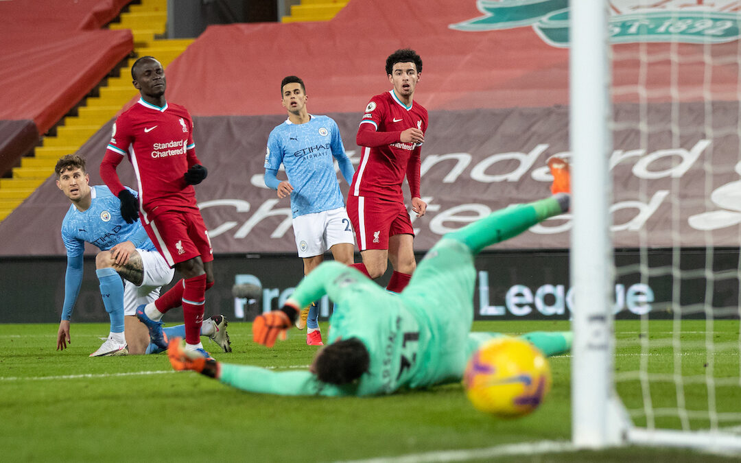 Liverpool's Curtis Jones sees his shot go wide during the FA Premier League match between Liverpool FC and Manchester City FC at Anfield