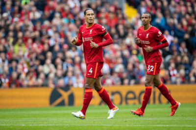 Liverpool's Virgil van Dijk (L) and Joel Matip during the FA Premier League match between Liverpool FC and Burnley FC at Anfield