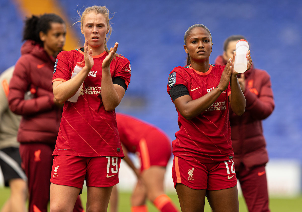 Liverpool's Taylor Hinds (R) and Rianna Dean (L) look dejected at full time after the FA Women’s Championship game between Liverpool FC Women and London City Lionesses FC at Prenton Park