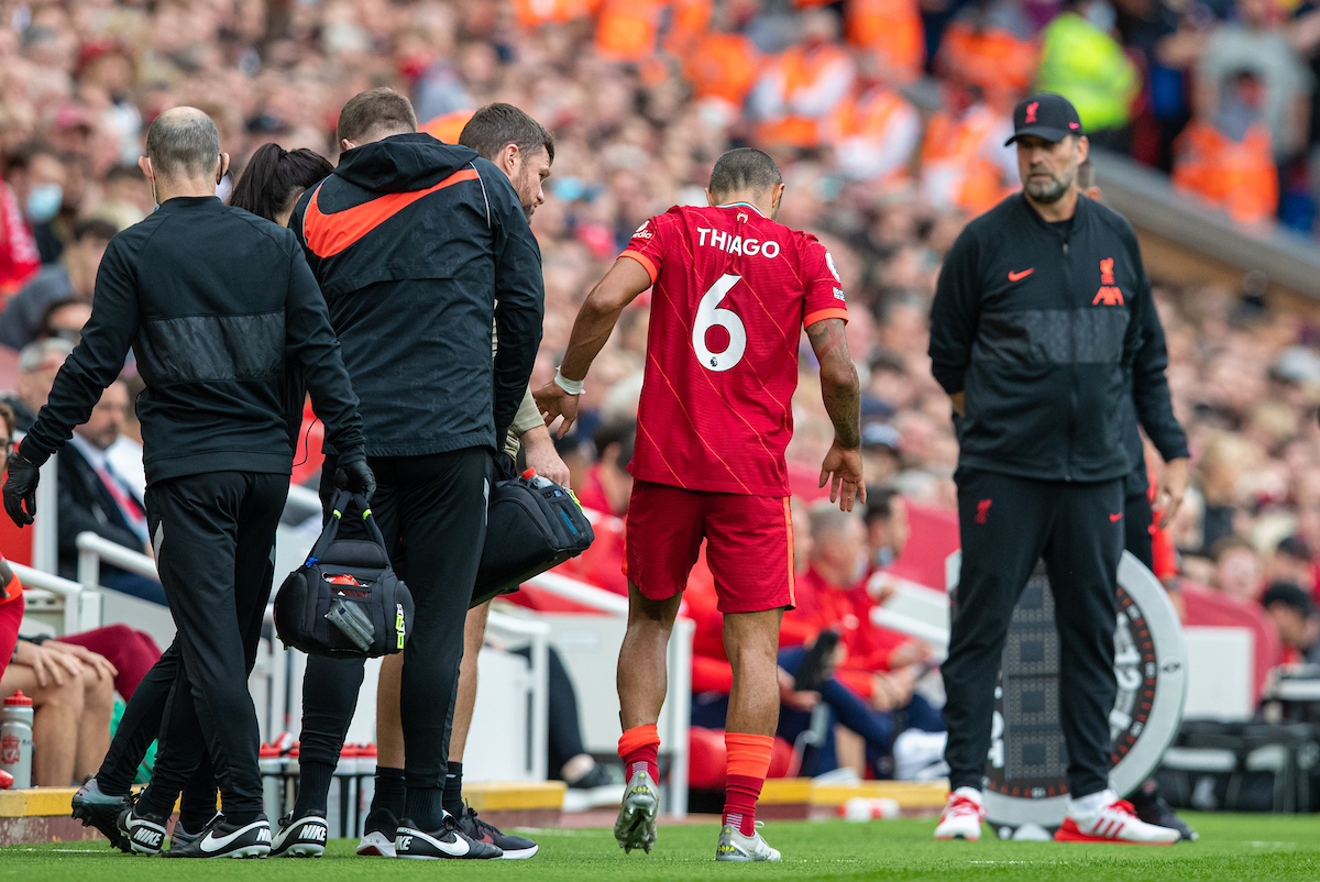 Liverpool's Thiago Alcantara limps off with an injury during the FA Premier League match between Liverpool FC and Crystal Palace FC at Anfield.