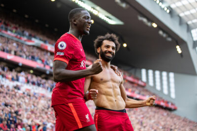 Mohamed Salah (R) celebrates with team-mate Ibrahima Konaté (R) after scoring the second goal, his 101st in the Premier League, during the FA Premier League match between Liverpool FC and Crystal Palace FC at Anfield