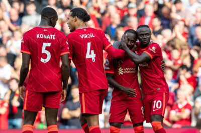 LIVERPOOL, ENGLAND - Saturday, September 18, 2021: Liverpool's Naby Keita (2nd from R) celebrates with team-mate Sadio Mané after scoring the third goal during the FA Premier League match between Liverpool FC and Crystal Palace FC at Anfield. Liverpool won 3-0. (Pic by David Rawcliffe/Propaganda)