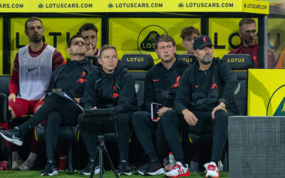 Liverpool's manager Jürgen Klopp (R) with his back-room team (L-R) goalkeeping coach John Achterberg, first-team development coach Pepijn Lijnders, assistant manager Peter Krawietz during the Football League Cup 3rd Round match between Norwich City FC and Liverpool FC at Carrow Road
