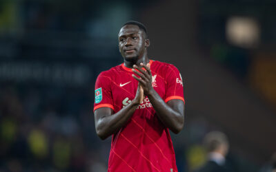 Ibrahima Konaté applauds the travelling supporters after the Football League Cup 3rd Round match between Norwich City FC and Liverpool FC at Carrow Road