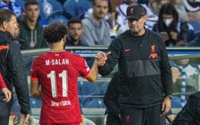 Liverpool's Mohamed Salah is substituted by manager Jürgen Klopp during the UEFA Champions League Group B Matchday 2 game between FC Porto and Liverpool FC at the Estádio do Dragão. Liverpool won 5-1