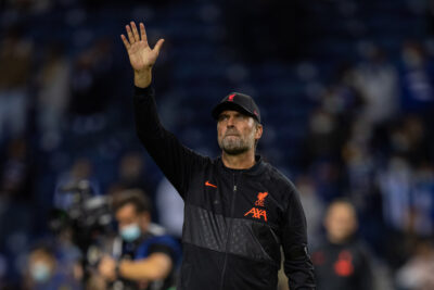 Liverpool's manager Jürgen Klopp waves to the travelling supporters after the UEFA Champions League Group B Matchday 2 game between FC Porto and Liverpool FC at the Estádio do Dragão. Liverpool won 5-1.