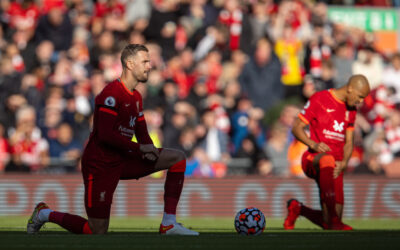 Liverpool's captain Jordan Henderson kneels down (takes a knee) in support of the Black Lives Matter movement before the FA Premier League match between Liverpool FC and Manchester City FC at Anfield