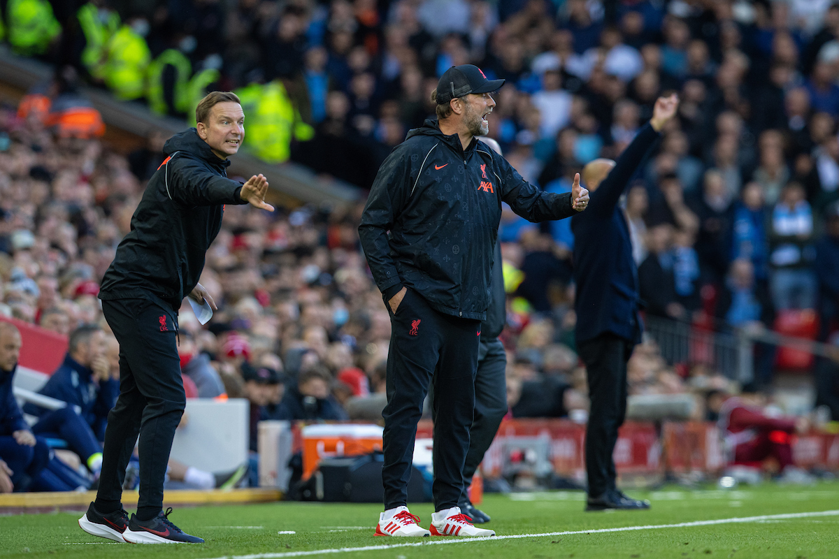 Liverpool's first-team development coach Pepijn Lijnders (L) and manager Jürgen Klopp during the FA Premier League match between Liverpool FC and Manchester City FC at Anfield
